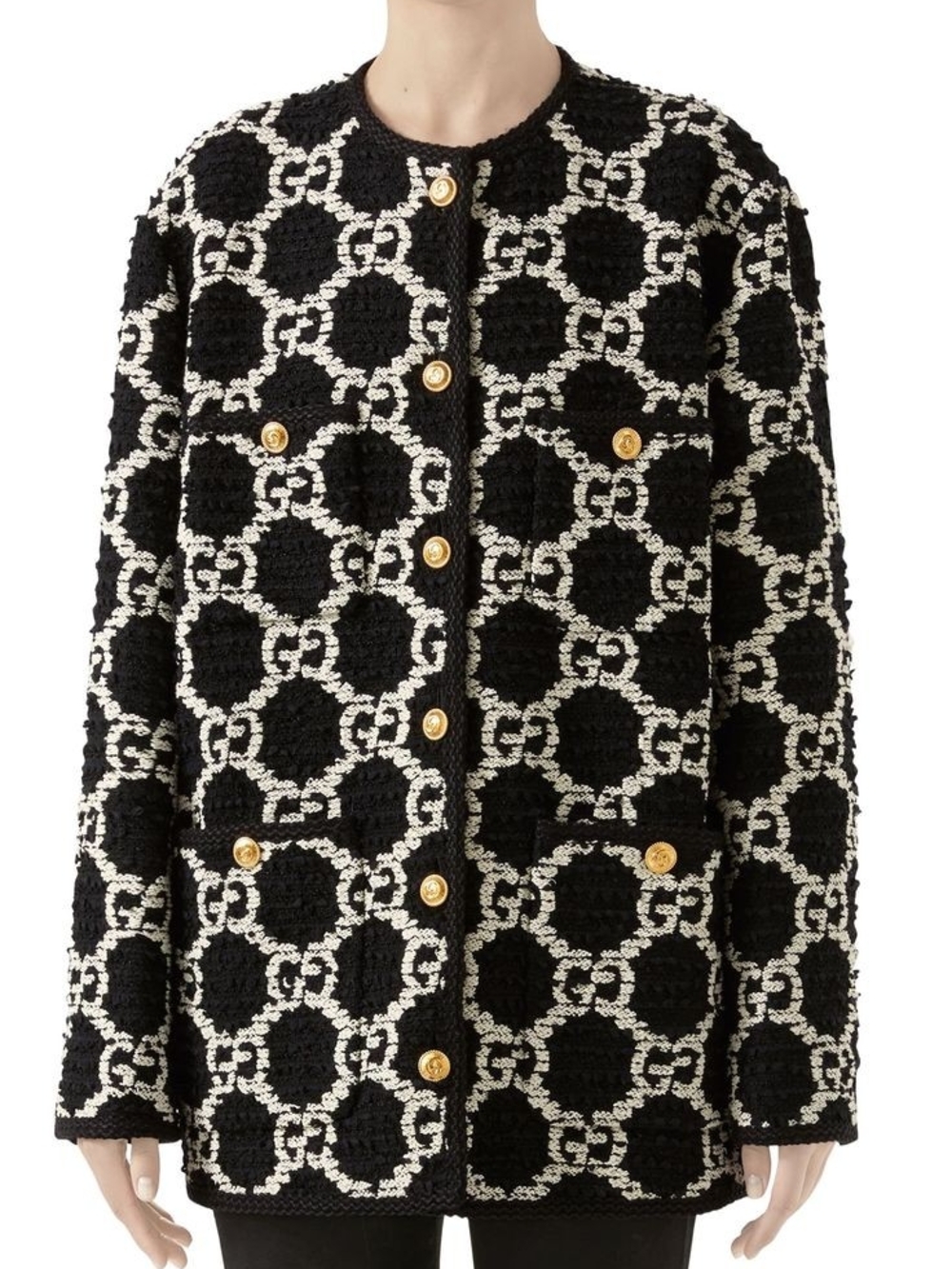 Gucci Black & White GG Tweed Coat with Gold Buttons - Picture 4 of 9
